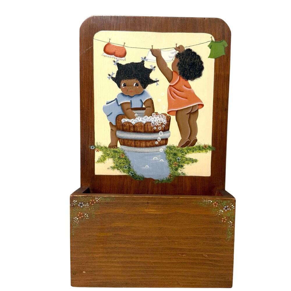 Hand Painted Wooden Caddy Little Girls Laundry Clothesline Washboard Floral